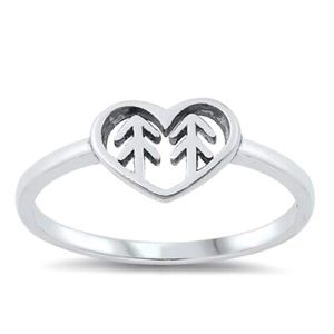 Small Pine Tree Heart Ring Band Nature Solid 925 Sterling Silver